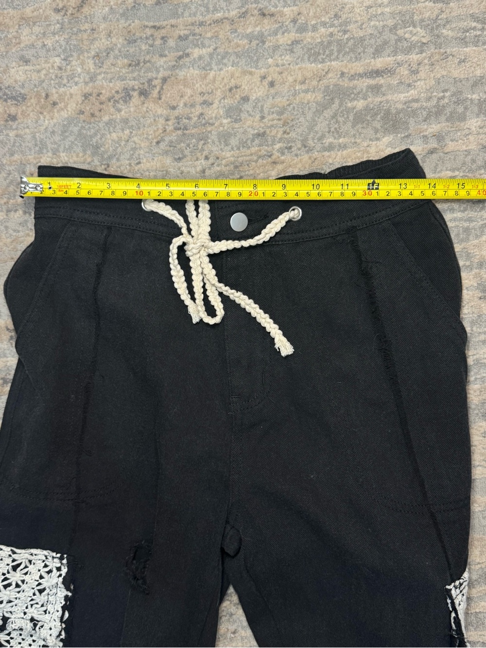 **NEW POL BESTSELLER Black Joggers with Cream Crochet Pockets boho distressed - Picture 8 of 10